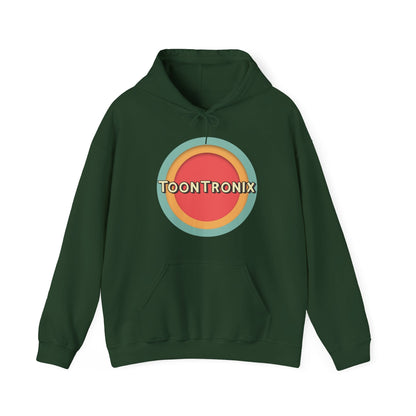 Unisex Toontronix Toons Logo Hoodie with kangaroo pocket and adjustable hood in dark green.