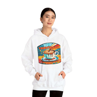 Unisex Toontronix Coffee Drip Hoodie with colorful graphic design, featuring spacious kangaroo pocket and adjustable drawstring hood.