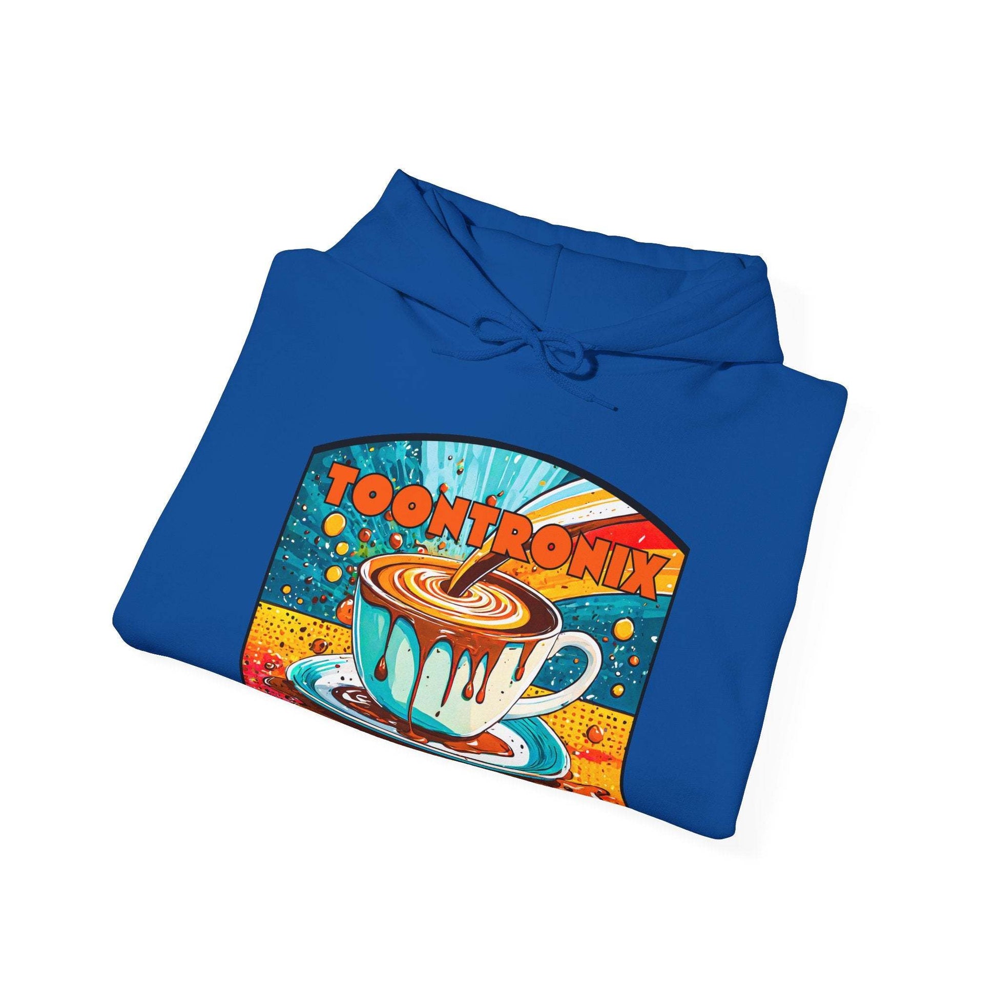 Unisex Toontronix Coffee Drip Hoodie with vibrant coffee cup design on blue sweatshirt.