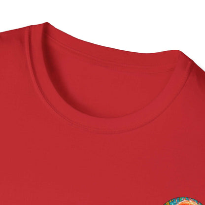 Vibrant Flamingo T-Shirt with ribbed collar on red background.