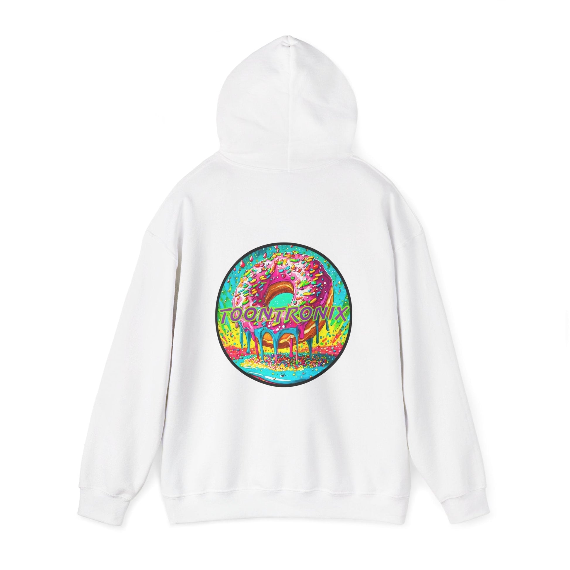 Toontronix Donut Hoodie with vibrant design, unisex heavy blend sweatshirt, cozy and stylish.