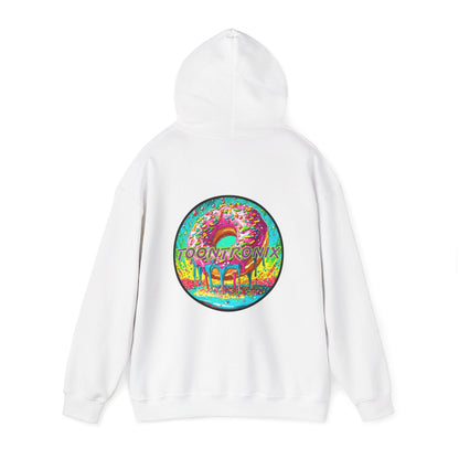 Toontronix Donut Hoodie with vibrant design, unisex heavy blend sweatshirt, cozy and stylish.