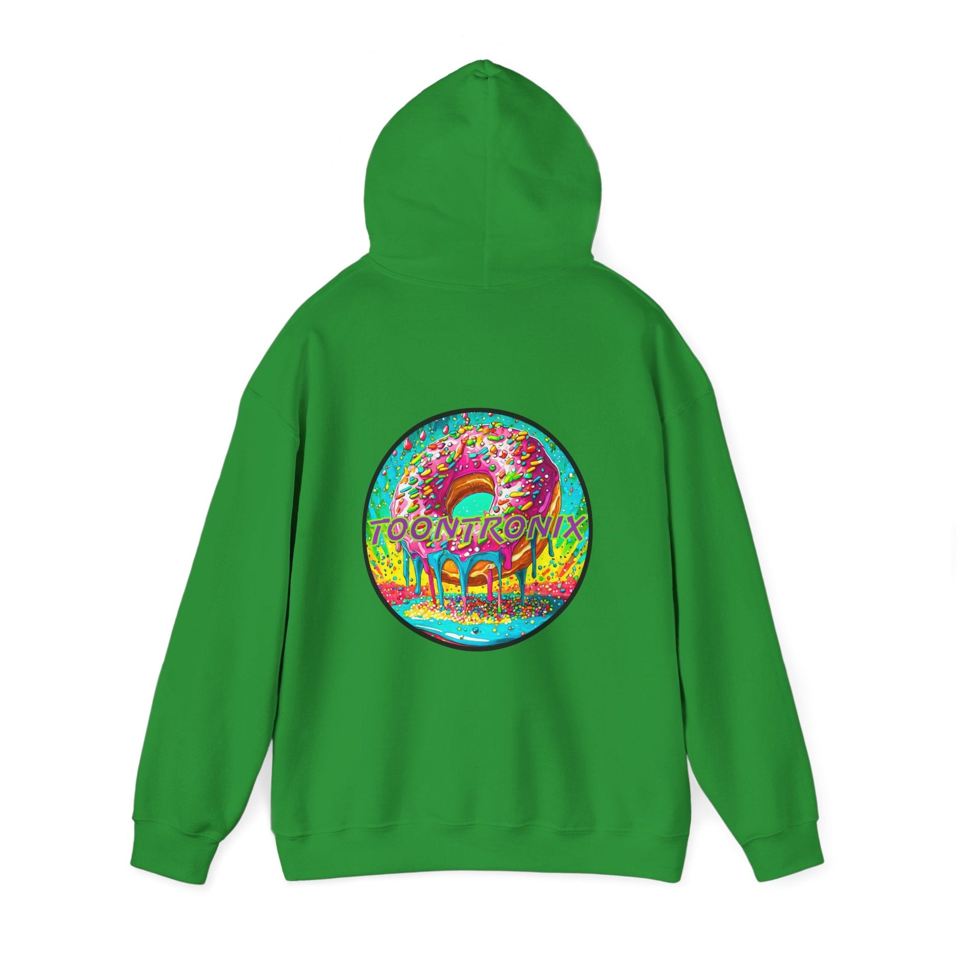 Unisex Toontronix Donut Hoodie featuring vibrant back design, cozy fit, and adjustable hood.