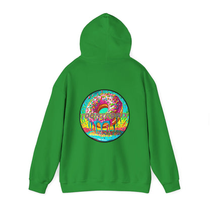 Unisex Toontronix Donut Hoodie featuring vibrant back design, cozy fit, and adjustable hood.