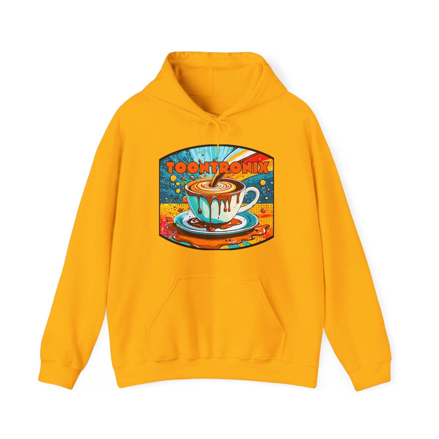 Unisex Toontronix Coffee Drip Hoodie in yellow with coffee-themed graphic, featuring a kangaroo pocket and adjustable hood.