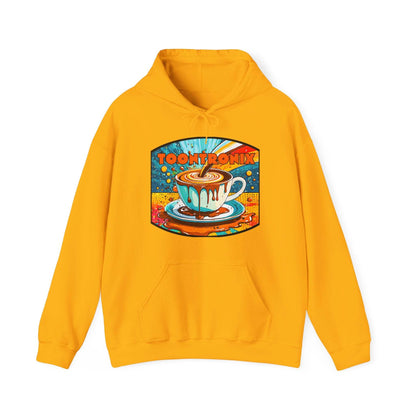 Unisex Toontronix Coffee Drip Hoodie in yellow with coffee-themed graphic, featuring a kangaroo pocket and adjustable hood.