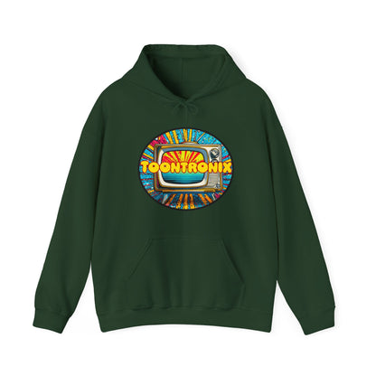 Unisex Toontronix TV Hoodie with colorful graphic, cozy kangaroo pocket, and adjustable hood for comfort and style.