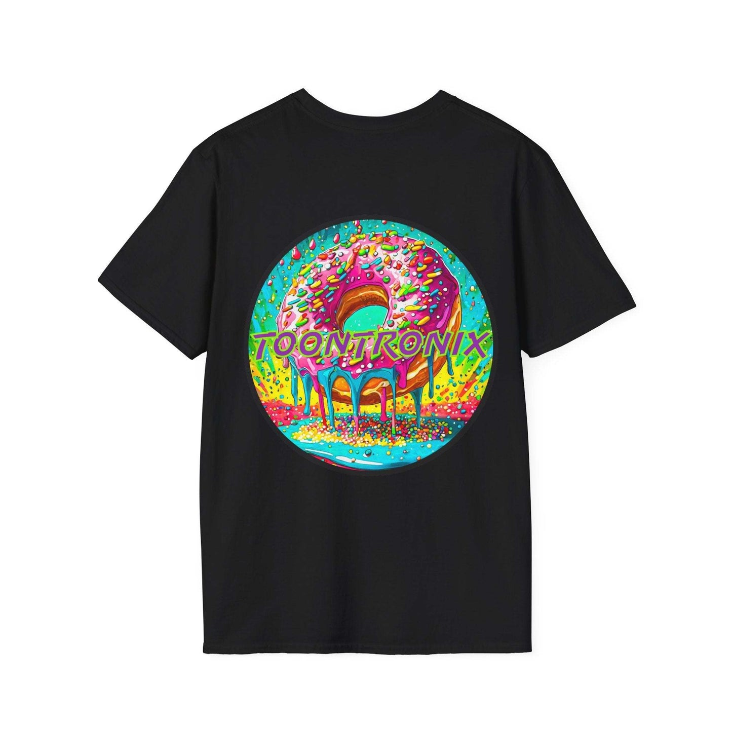 Unisex Toontronix Donut Tee with colorful animated design on black shirt.