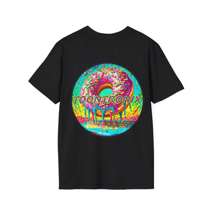 Unisex Toontronix Donut Tee with colorful animated design on black shirt.
