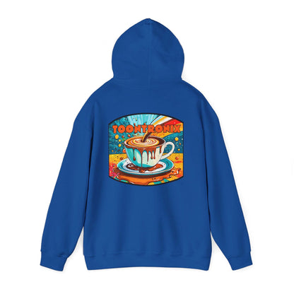Unisex hoodie with Toontronix coffee design, blue color, cozy fabric.