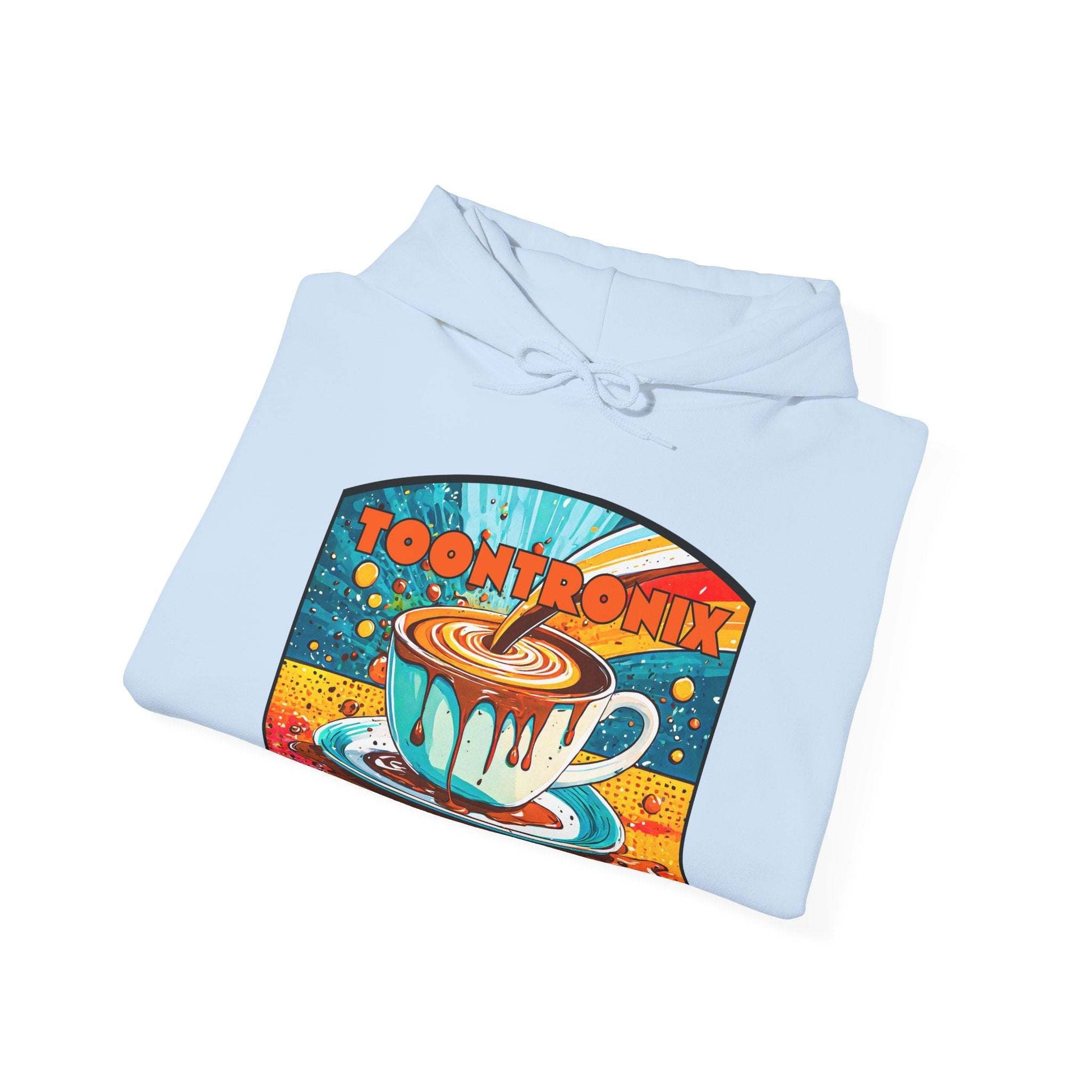 Toontronix Coffee Drip Hoodie with colorful graphic, unisex heavy blend sweatshirt.