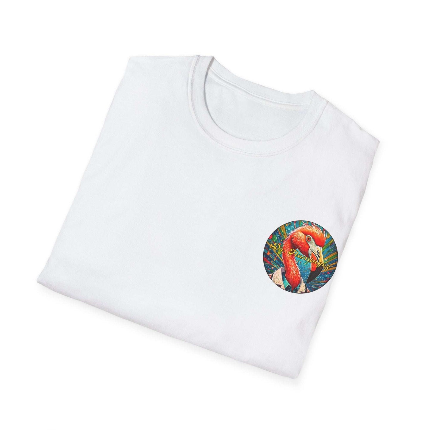 Dr. Flamingoz unisex T-shirt with flamingo graphic, classic fit, tropical summer tee.