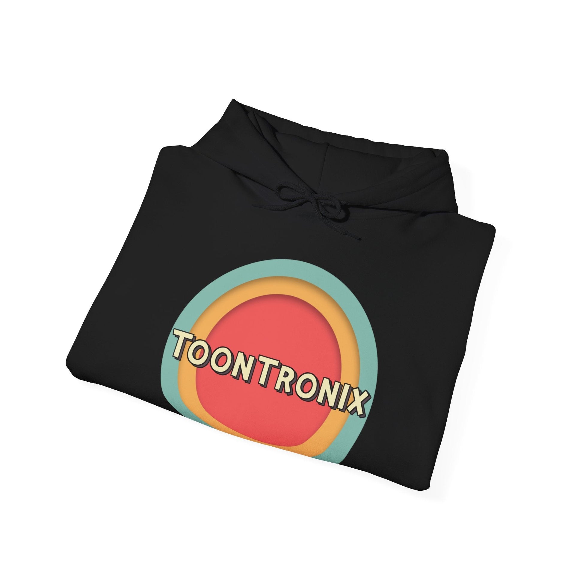 Unisex Toontronix Toons Logo Hoodie with kangaroo pouch and adjustable drawstring in black.