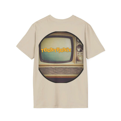 Toontronix Atomic Tv Tee with vintage cartoon design on beige fabric