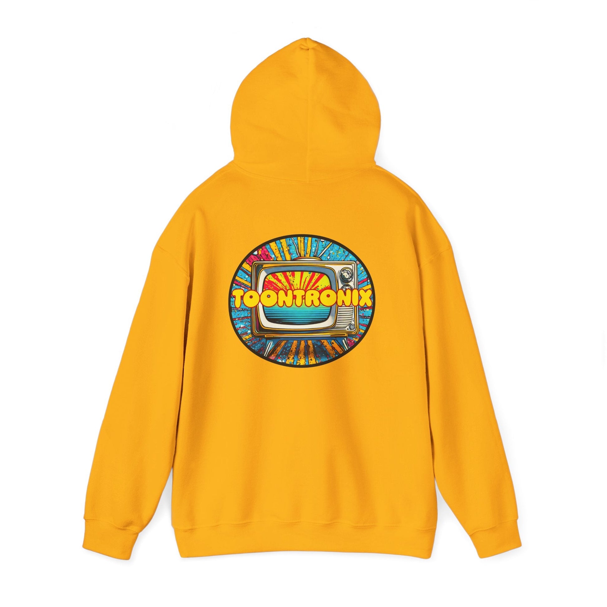 Toontronix TV Hoodie in yellow with vibrant TV print on back; unisex heavy blend sweatshirt.
