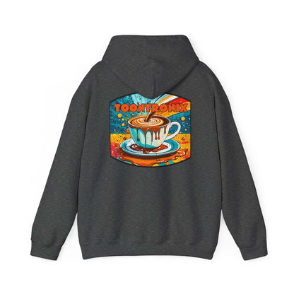 Unisex Toontronix Coffee Drip Hoodie with colorful coffee cup design on back.