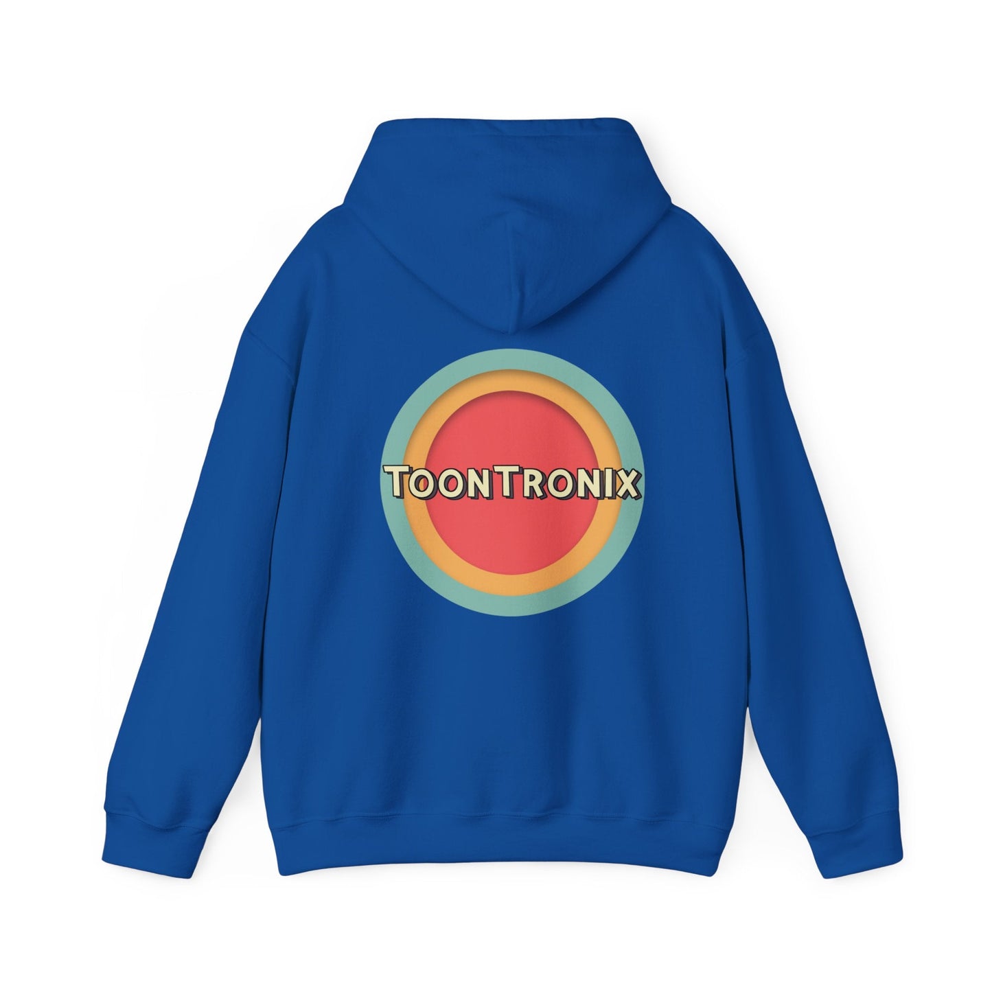 Unisex Toontronix Toons Logo Hoodie with kangaroo pouch, blue color, adjustable hood.