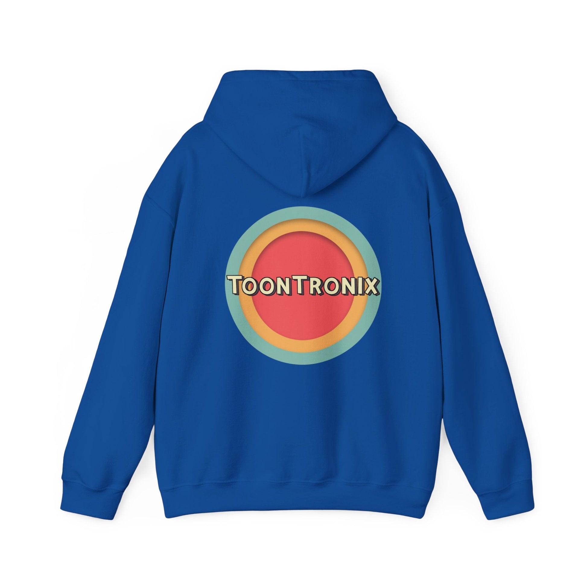 Unisex Toontronix Toons Logo Hoodie with kangaroo pouch, blue color, adjustable hood.