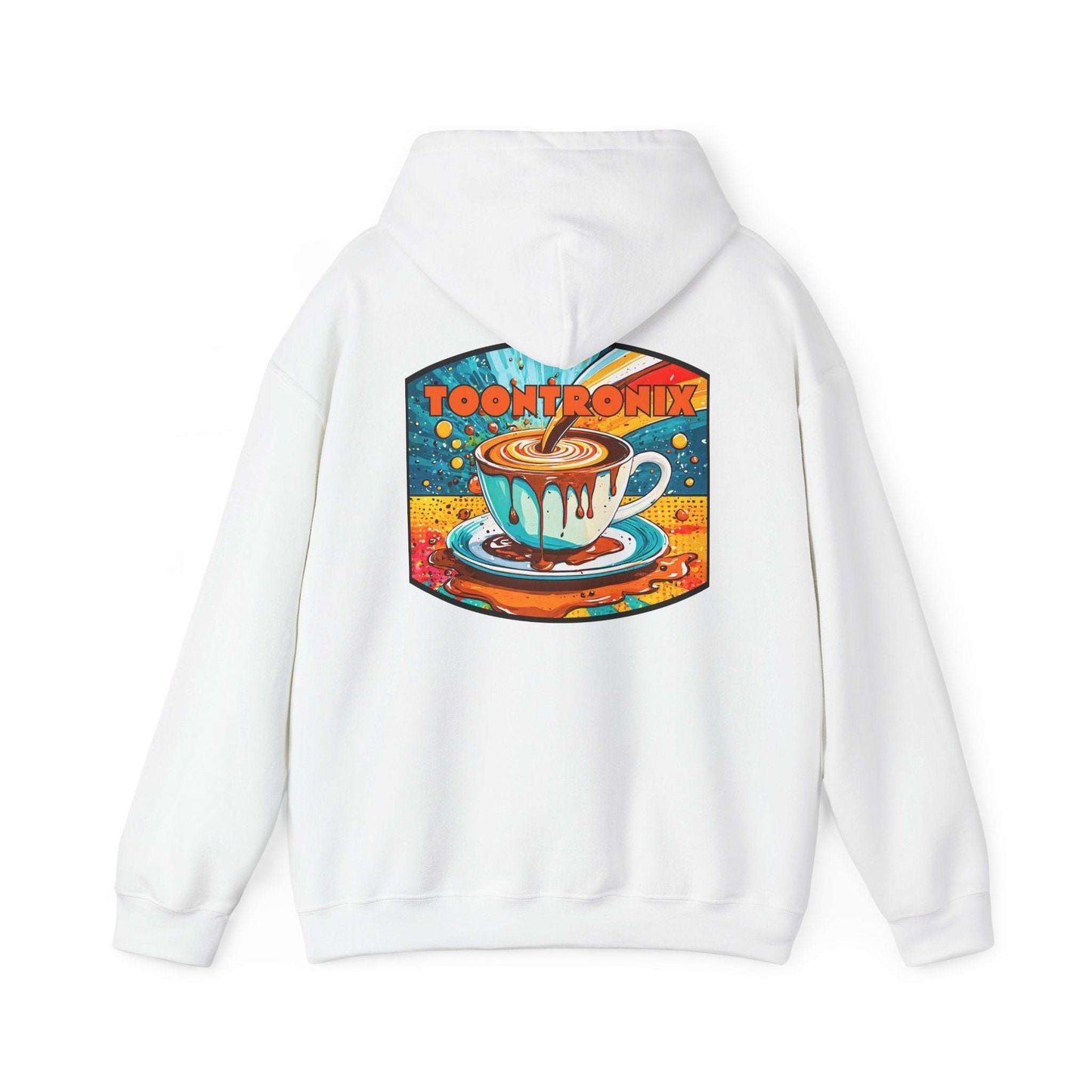 Unisex white hoodie with colorful coffee print design on the back, featuring "Toontronix Coffee Drip Hoodie" for cozy and stylish wear.