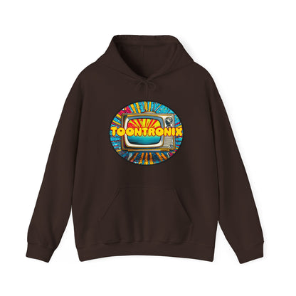 Unisex Toontronix TV Hoodie with colorful design and kangaroo pocket.