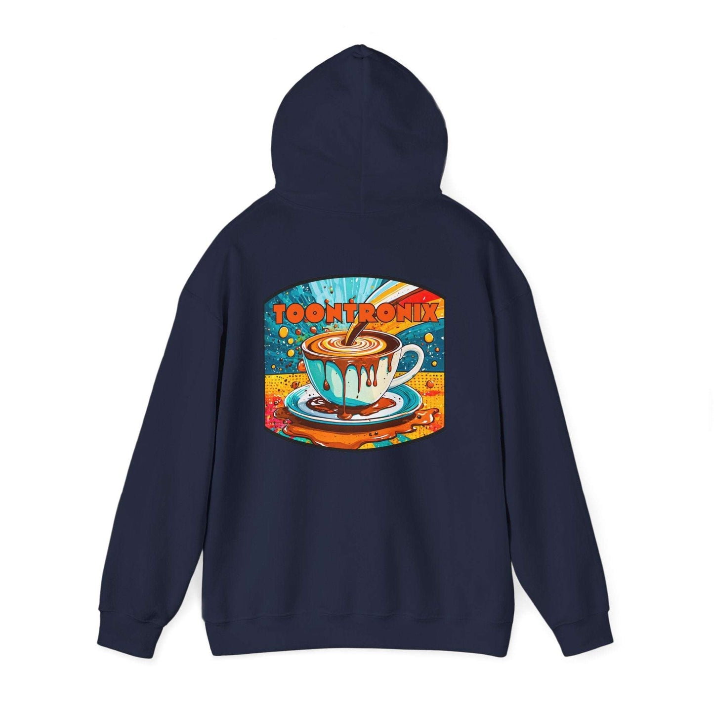 Unisex Toontronix Coffee Drip Hoodie, featuring vibrant coffee design, spacious kangaroo pocket, and drawstring hoodie.