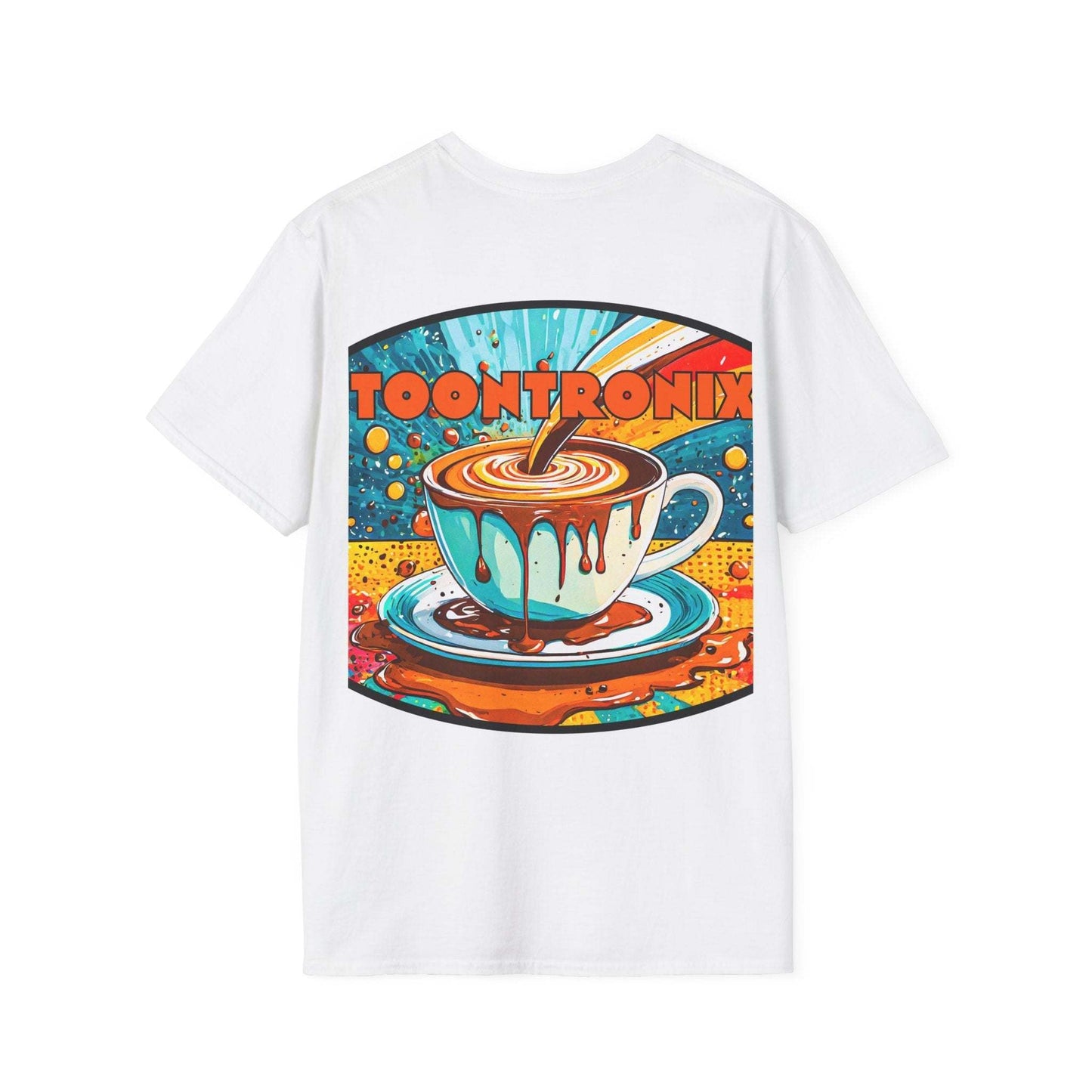 Toontronix Drip Coffee Tee with colorful coffee cup graphic on the back.