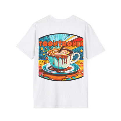 Toontronix Drip Coffee Tee with colorful coffee cup graphic on the back.