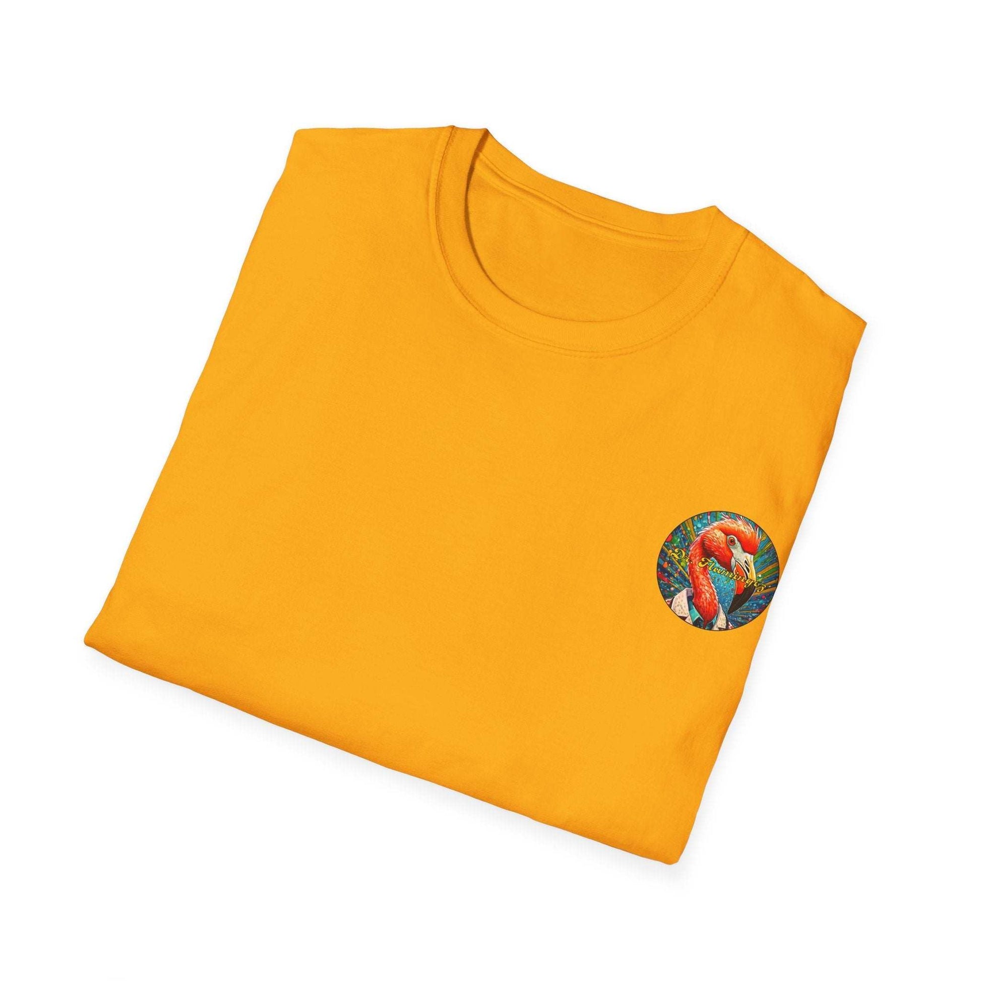 Vibrant Flamingo T-Shirt with colorful design, unisex fit, and ribbed collar.