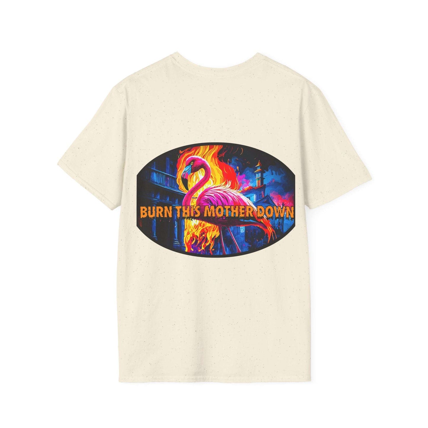 Vibrant Flamingo T-Shirt with colorful flamingo and "Burn This Mother Down" text on unisex beige tee.