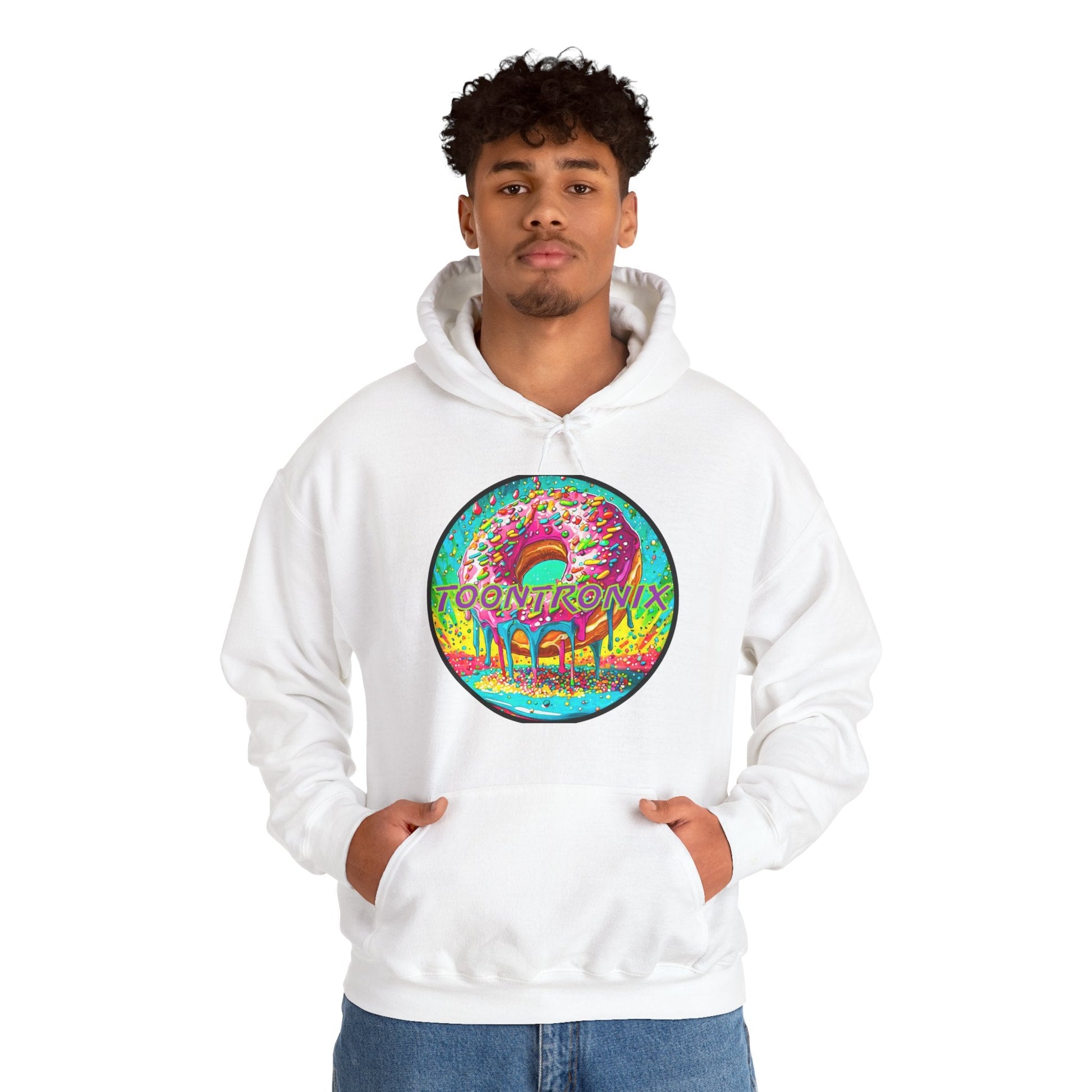 Unisex Toontronix Donut Hoodie with vibrant design, spacious kangaroo pocket, and adjustable drawstring hood.