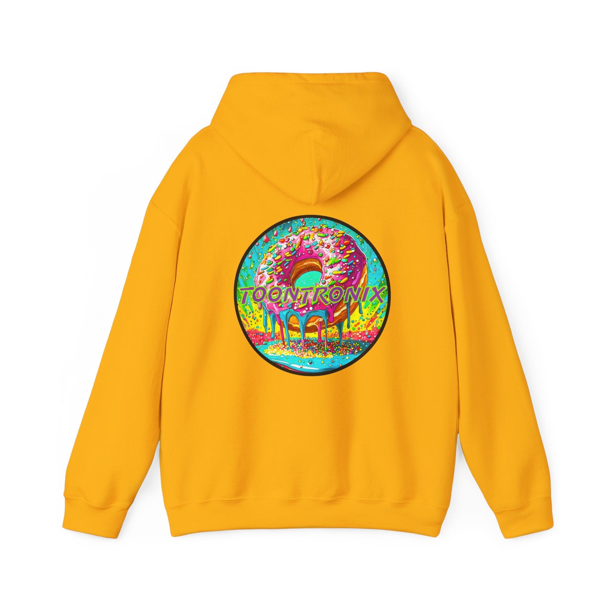 Unisex Hoodie with Toontronix Donut design, featuring kangaroo pocket and adjustable hood for comfort and style.