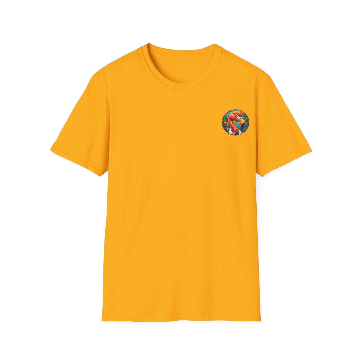 Vibrant orange Flamingo T-Shirt with a small colorful flamingo design on the chest, unisex fit.