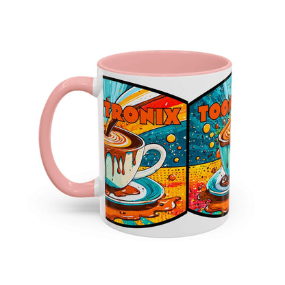 Vibrant Coffee Mug with colorful retro art and pink handle.