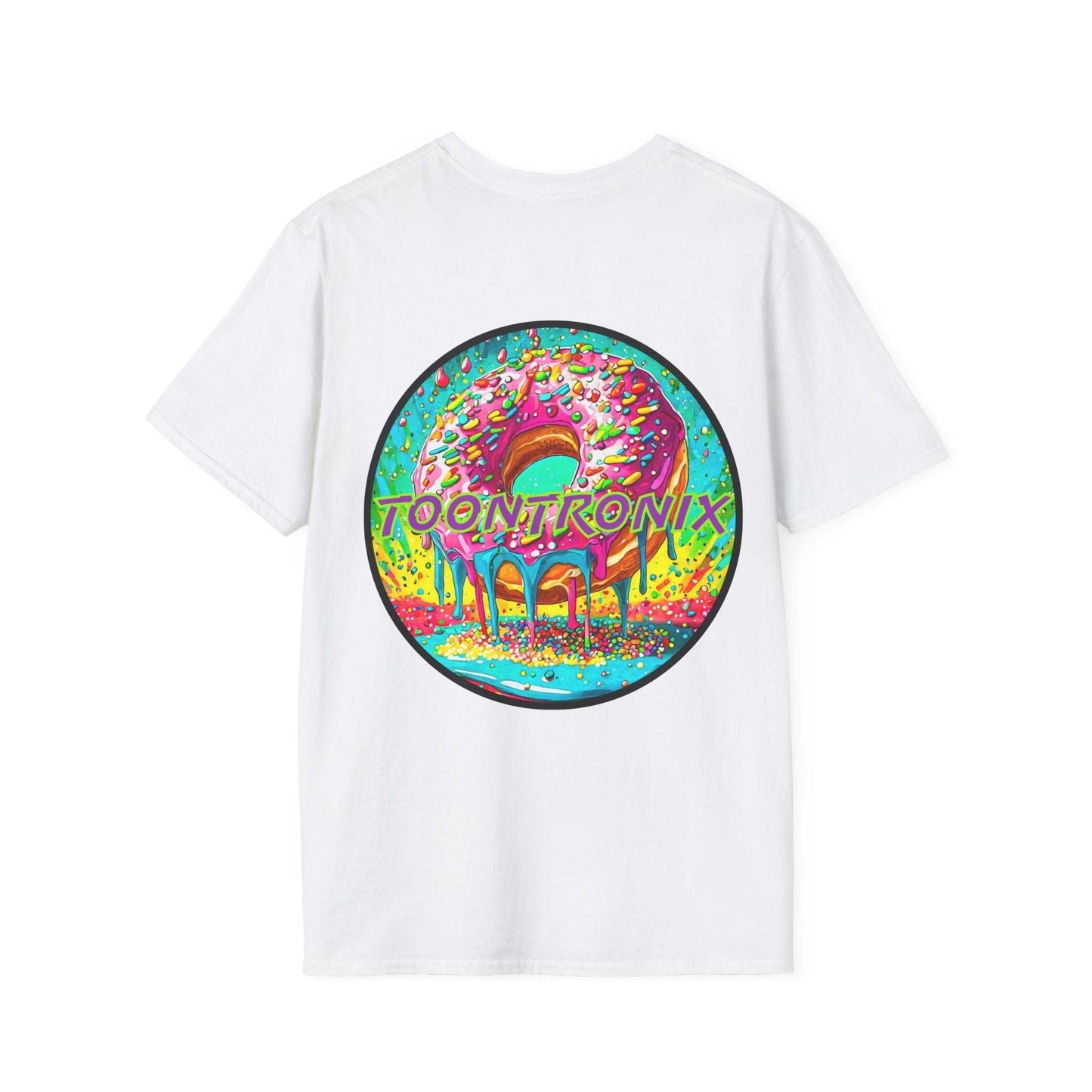 Toontronix Donut Tee featuring colorful donut graphic on white shirt.