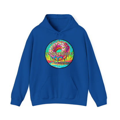 Unisex Toontronix Donut Hoodie with vibrant logo, in a classic fit, featuring an adjustable drawstring hood and kangaroo pocket.