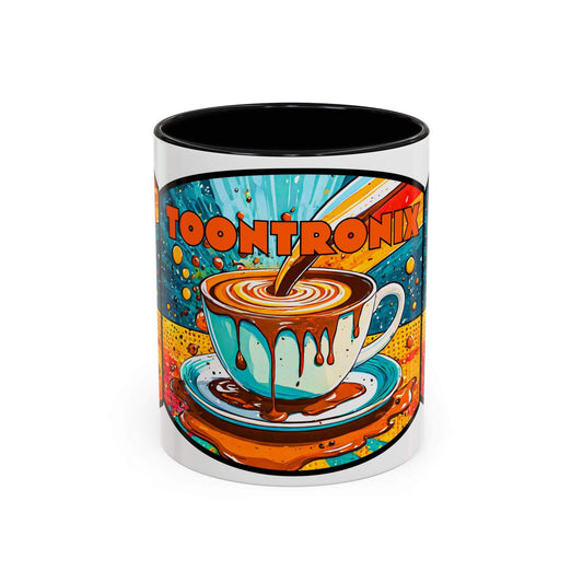 Vibrant Coffee Mug with colorful ceramic design and retro art, ideal for coffee and tea lovers, durable and dishwasher-safe.
