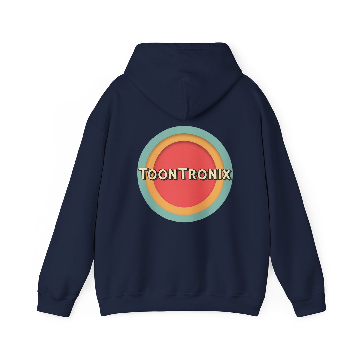 Unisex Toontronix Toons Logo Hoodie with kangaroo pouch and adjustable hood, featuring a colorful back design.
