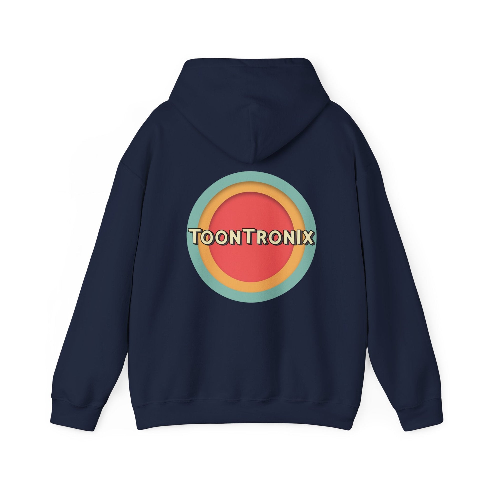 Unisex Toontronix Toons Logo Hoodie with kangaroo pouch and adjustable hood, featuring a colorful back design.
