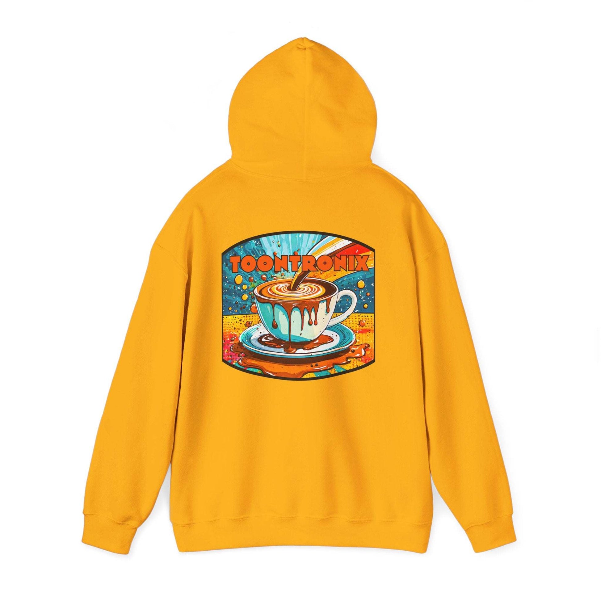 Unisex Toontronix Coffee Drip Hoodie with colorful coffee cup graphic on yellow sweatshirt.