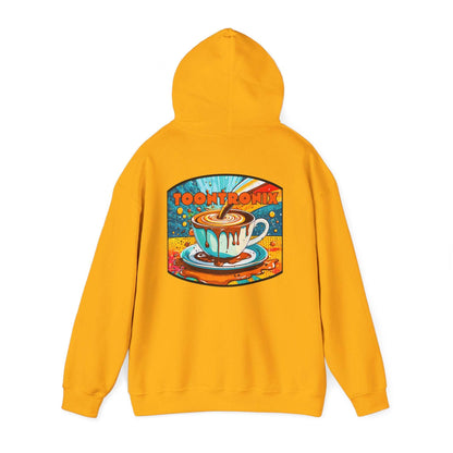Unisex Toontronix Coffee Drip Hoodie with colorful coffee cup graphic on yellow sweatshirt.