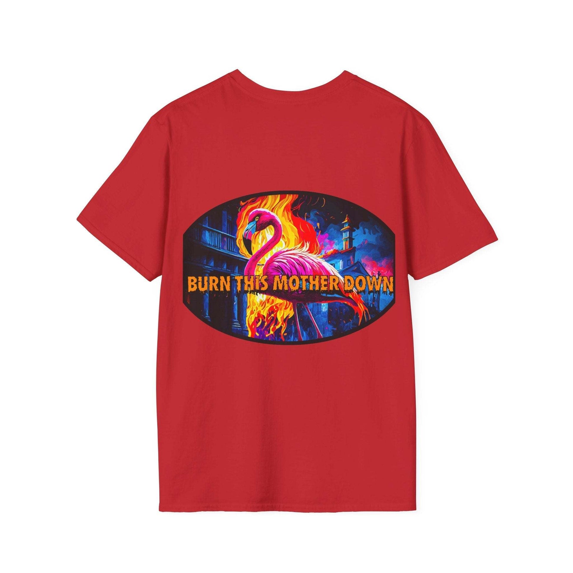 Vibrant Flamingo T-Shirt with "Burn This Mother Down" design, Toontronix unisex casual wear.