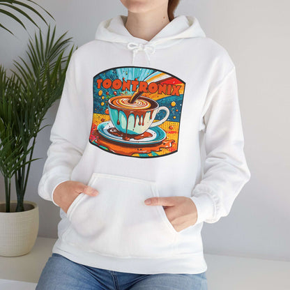 Unisex Toontronix Coffee Drip Hoodie with kangaroo pocket and drawstring hood.