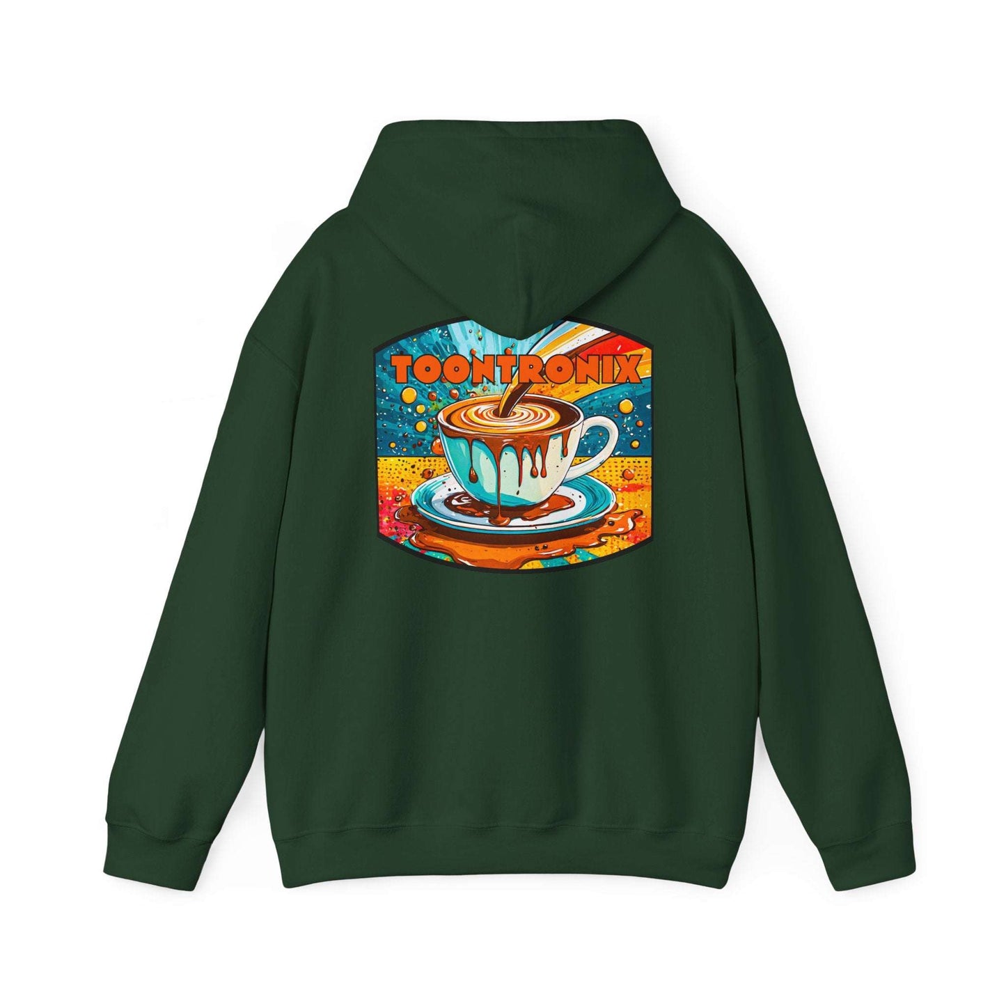 Unisex Toontronix Coffee Drip Hoodie with colorful back print, spacious kangaroo pocket, and adjustable drawstring hood.