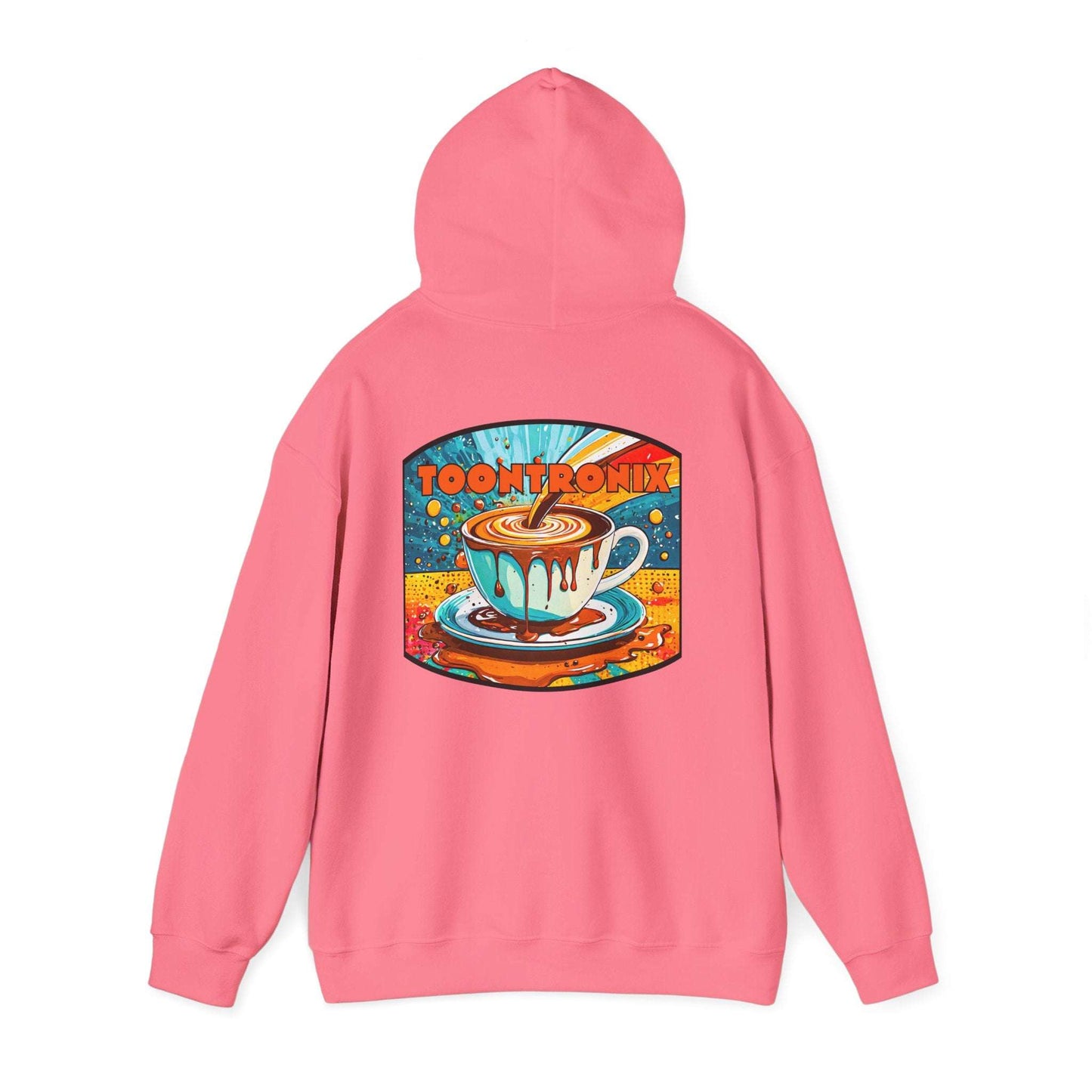 Unisex hoodie with "Toontronix Coffee Drip" graphic on pink fabric, featuring a cozy kangaroo pocket and adjustable hood.
