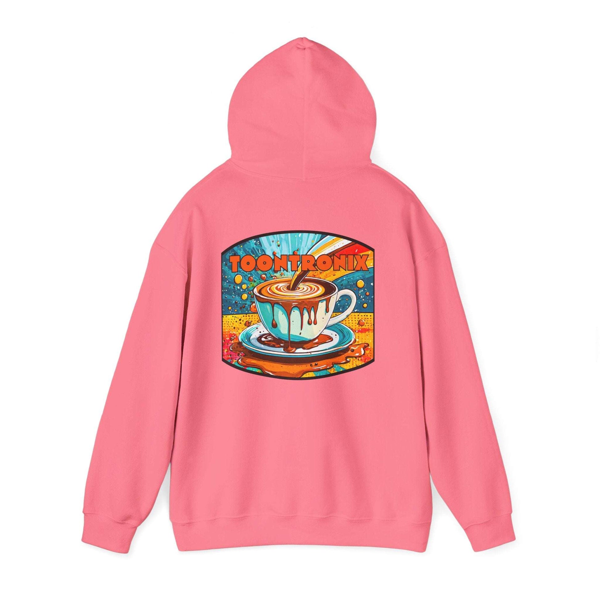 Unisex hoodie with "Toontronix Coffee Drip" graphic on pink fabric, featuring a cozy kangaroo pocket and adjustable hood.