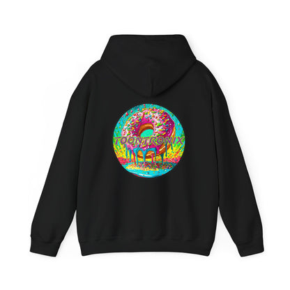 Unisex Toontronix Donut Hoodie in black featuring a colorful donut design on the back.