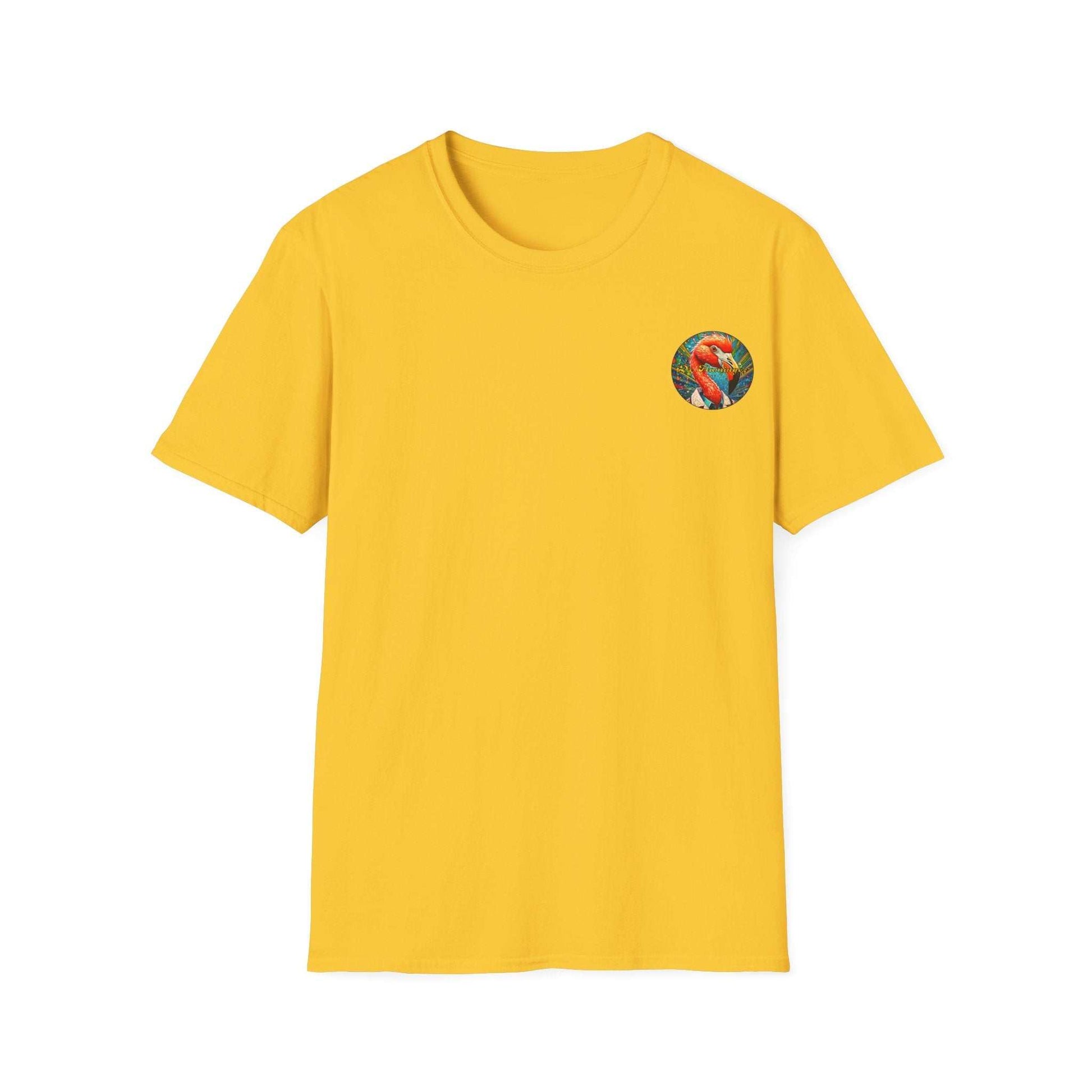 Vibrant Flamingo T-Shirt with classic fit and ribbed collar in yellow.