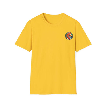 Vibrant Flamingo T-Shirt with classic fit and ribbed collar in yellow.
