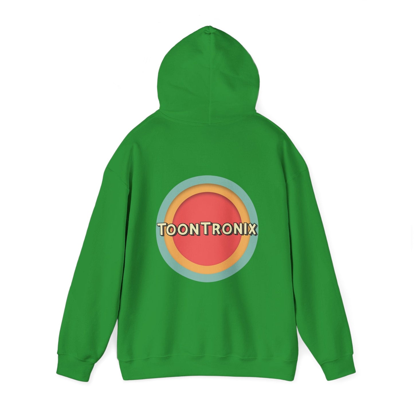 Unisex green hoodie with Toontronix Toons logo on the back, featuring a kangaroo pocket and adjustable drawstring hood.