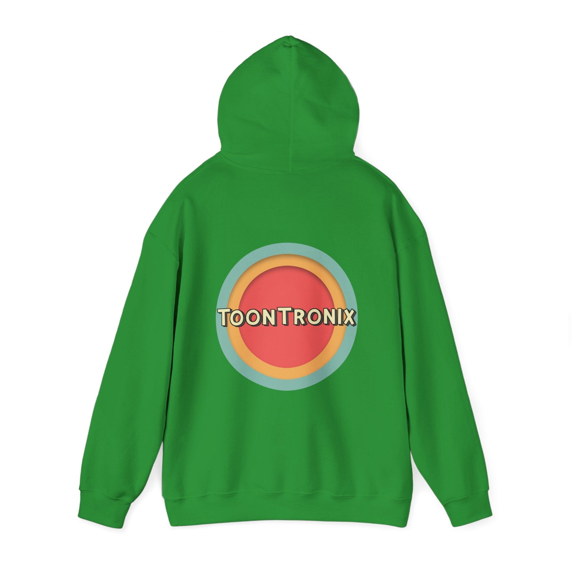 Unisex green hoodie with Toontronix Toons logo on the back, featuring a kangaroo pocket and adjustable drawstring hood.